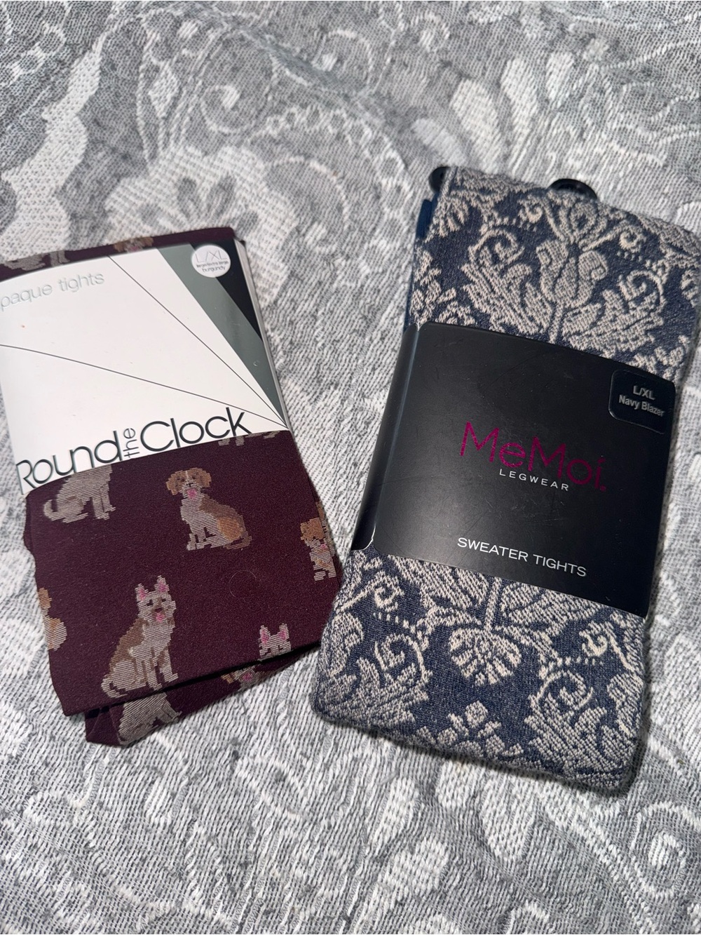 Bundle Two New Sweater Tights Navy and Dog Print Stockings Burgundy L XL